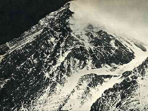 
Everest, much foreshortened, and the top of the Geneva Spur seen from the traverse on the Lhotse Face. - John Hunt Our Everest Adventure book
